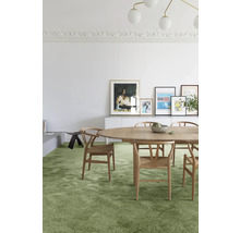 Lichte woonkamer met eettafel, stoelen en groen tapijt