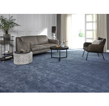 Woonkamer met bank, fauteuil, salontafel en blauw tapijt