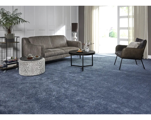 Woonkamer met bank, fauteuil, salontafel en blauw tapijt