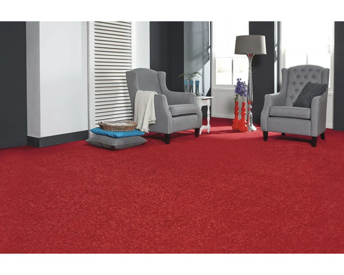 Woonkamer met rood tapijt, twee grijze fauteuils en decoratieve elementen