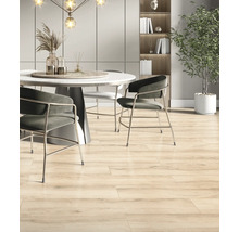 Eetkamer met eettafel, stoelen en houten vloertegels