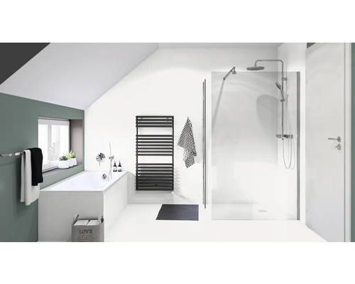 Badkamer met bad, douche en handdoekradiator