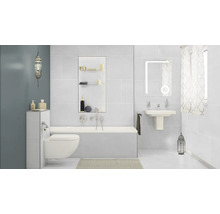 Lichte badkamer met bad, wastafel, toilet en decoratie
