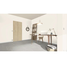 Kantoor met bureau, stoel, planken en deur