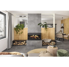 Woonkamer met open haard, houtopslag en decoratie
