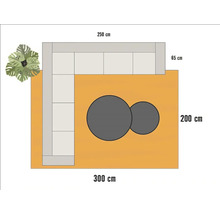 Bovenaanzicht van een tuin met sofa, tafel en plant met maatvoering