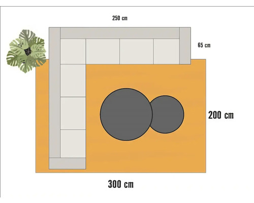 Bovenaanzicht van een tuin met sofa, tafel en plant met maatvoering