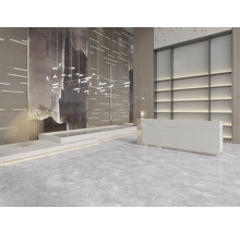 Interieur met receptie, planken en vloertegels