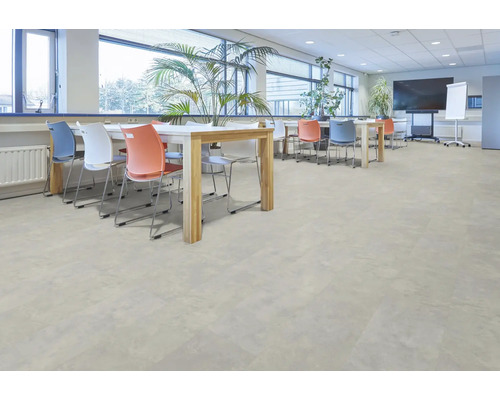 Lichte ruimte met tafels, stoelen en vinyl vloer