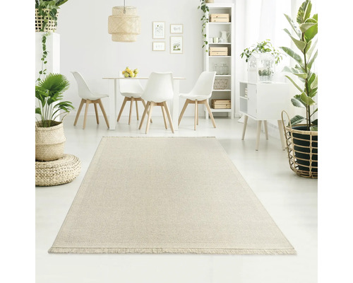 Beige geweven tapijt in lichte eetkamer met eettafel, stoelen en kamerplanten