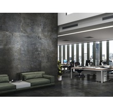 Moderne kantoorruimte met wand- en vloertegels in betonlook, kantoormeubilair en zithoek