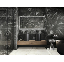 Moderne badkamer met donkere marmeren wanden, twee opzetwastafels en een douche