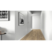 Lichte hal met laminaatvloer, deuren en wanddecoratie