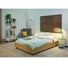 Lichte slaapkamer met bed, nachtkastje, lamp, fauteuil, plank en wandpaneel voor een vriendelijke sfeer