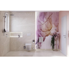 Moderne badkamer met douche, toilet, handdoekverwarmer en decoratief behang