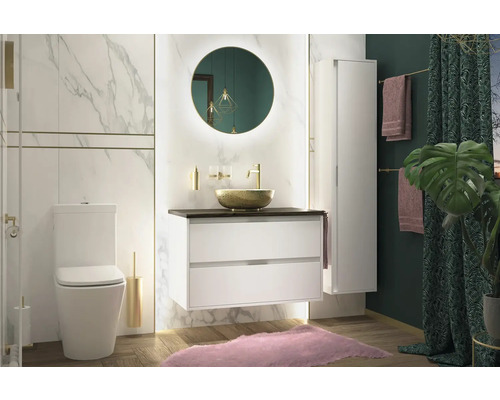 Lichte badkamer met toilet, wastafelmeubel, spiegelkast en decoratieve elementen voor een moderne ambiance.