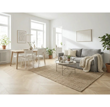 Lichte woonkamer met bank, eettafel, stoelen en tapijt op parketvloer.