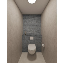 Modern, minimalistisch gastentoilet met hangend toilet en wandpanelen in steenlook in een georganiseerde omgeving.