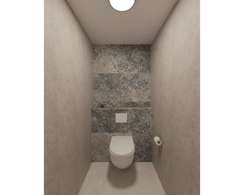 Modern toilet met wandcloset, bedieningspaneel en achterwand in natuursteenlook met lichte zijwanden.