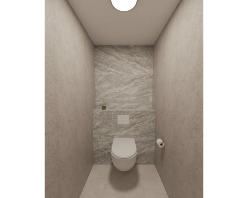 Modern, licht gastentoilet met wandcloset, gemarmerde wandtegels en gestructureerde wanden in neutrale tinten.