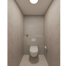 Modern minimalistisch gastentoilet met wandcloset, lichtgrijze tegels in natuursteenlook, wit bedieningspaneel en toiletrolhouder.