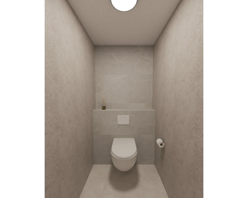 Modern minimalistisch gastentoilet met wandcloset, lichtgrijze tegels in natuursteenlook, wit bedieningspaneel en toiletrolhouder.