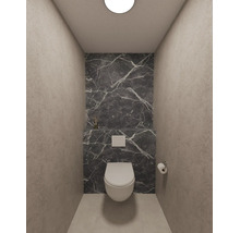 Modern gastentoilet met wandcloset tegen een wand met marmerlook en zijwanden met betonlook.
