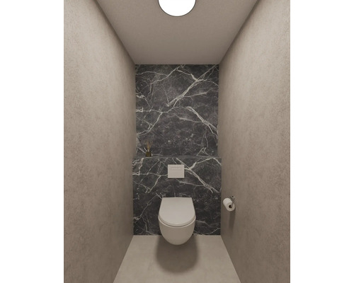 Modern gastentoilet met wandcloset tegen een wand met marmerlook en zijwanden met betonlook.