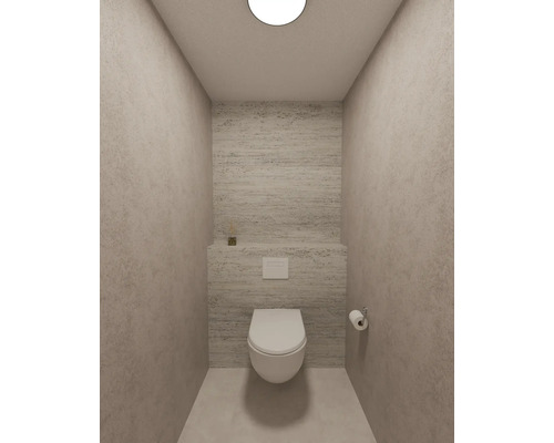 Modern gastentoilet met hangend toilet, wanden in natuursteenlook, bedieningspaneel en toiletrolhouder. Licht en minimalistisch ontwerp.