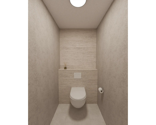 Modern toilet met wandcloset, bedieningspaneel en gestructureerde wanden in steenlook. Lichte, minimalistische sfeer.