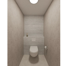 Moderne toiletruimte met wandcloset, inbouwreservoir, gestuukte wanden en een minimalistisch ontwerp in neutrale tinten.