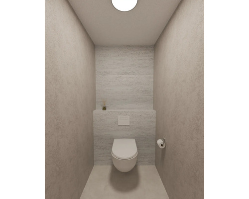 Moderne toiletruimte met wandcloset, inbouwreservoir, gestuukte wanden en een minimalistisch ontwerp in neutrale tinten.