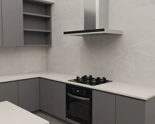 Moderne keuken met grijze kasten, wit werkblad, ingebouwde oven, gaskookplaat en een roestvrijstalen afzuigkap.