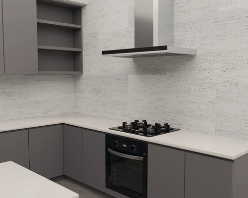 Moderne keuken met grijze kasten, wit werkblad, zwarte inbouwoven, gaskookplaat en afzuigkap aan een wand met textuur.