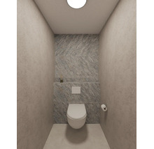 Modern hangtoilet in een nis met wandpanelen in steenlook met visgraatmotief en een minimalistische bedieningsplaat.
