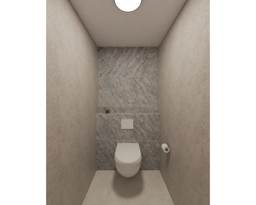 Modern hangtoilet in een nis met wandpanelen in steenlook met visgraatmotief en een minimalistische bedieningsplaat.
