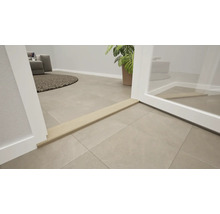 Beige overgangsprofiel bij een deurdrempel op grijze vloertegels in een lichte, modern ingerichte woonruimte.