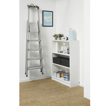 Georganiseerde opslagruimte met een witte stellingkast en een aluminium trapladder aan de muur. De kast bevat verf en opbergdozen.