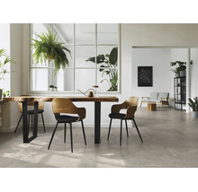 Lichte, moderne kamer met grote vloertegels in steenlook, een houten tafel met boomstamrand en verschillende groene planten.