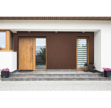 Moderne huisingang met donkerbruine bakstenen gevel, houten deur, grote ramen, grijze tegeltrappen en bloembakken.