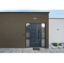 Moderne entree van een woning met een gevel van steenstrips in baksteenlook en een donkere voordeur.