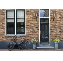 Gevel met steenstrips in baksteenlook, donkere voordeur met glas, raam, twee buitenwandlampen, fiets en bloembakken.