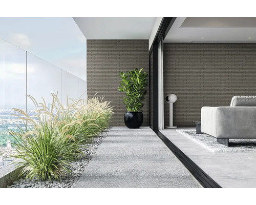 Modern balkon en woonkamer met wandbekleding in baksteenlook, siergrassen en lichte vloertegels.