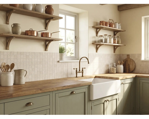 Lichte landelijke keuken met saliegroene kasten, massief houten werkblad, witte keramische spoelbak, messing kraan en open houten planken.