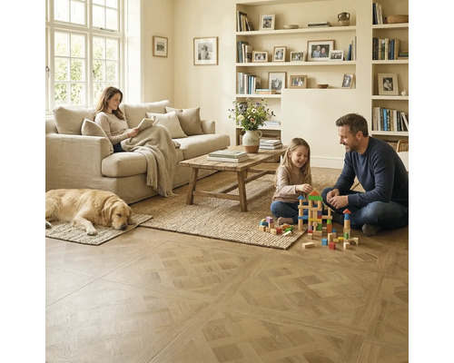 Lichte woonkamer met een gezin, een hond en licht eiken parketvloer in Versailles-patroon.