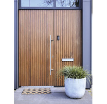 Moderne voordeur met verticale houten latten, bovenlicht, lange metalen handgreep, brievenbus, videodeurbel, plantenbak en deurmat.