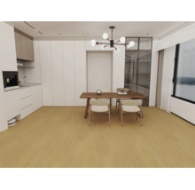 Moderne woonkeuken met lichte houten vloer, houten eettafel, witte kasten en een kroonluchter in een open indeling.