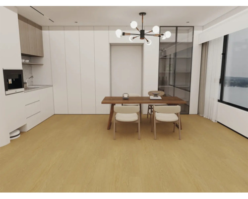 Moderne woonkeuken met lichte houten vloer, houten eettafel, witte kasten en een kroonluchter in een open indeling.