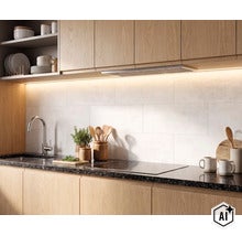 Moderne keuken met houten fronten, donker granieten werkblad en witte wandtegels, verlicht door indirecte ledverlichting. (Image AI modified or generated)