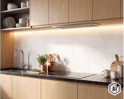 Moderne keuken met houten fronten, donker granieten werkblad en witte wandtegels, verlicht door indirecte ledverlichting. (Image AI modified or generated)